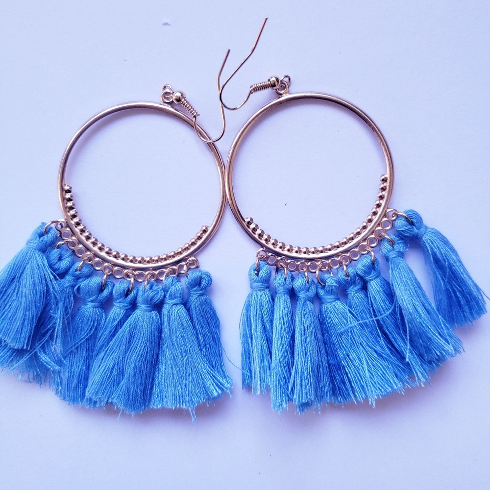 Blue Tassel Boho Hoop Earrings